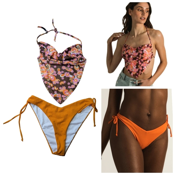 Skinny Dip Bikini - Ribbed V Bottom & Y2K Vibes Tie Back Halter Top Size S - Picture 1 of 6